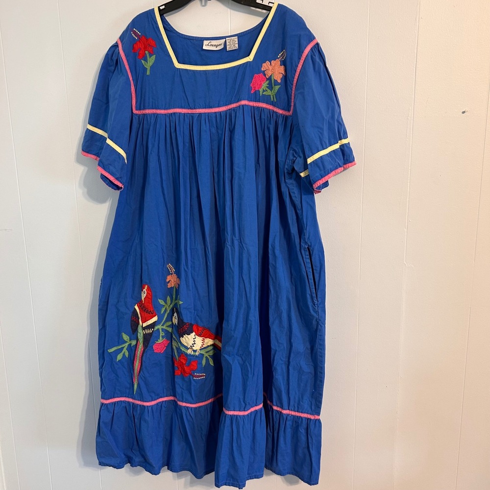 Loungees Vintage Blue Cotton Parrot Embroidered Muumuu House Dress Pockets 3X